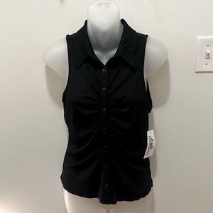 Roommates Ruched Collared Black Button Up Tank Top Shirt Blouse Large L NWT